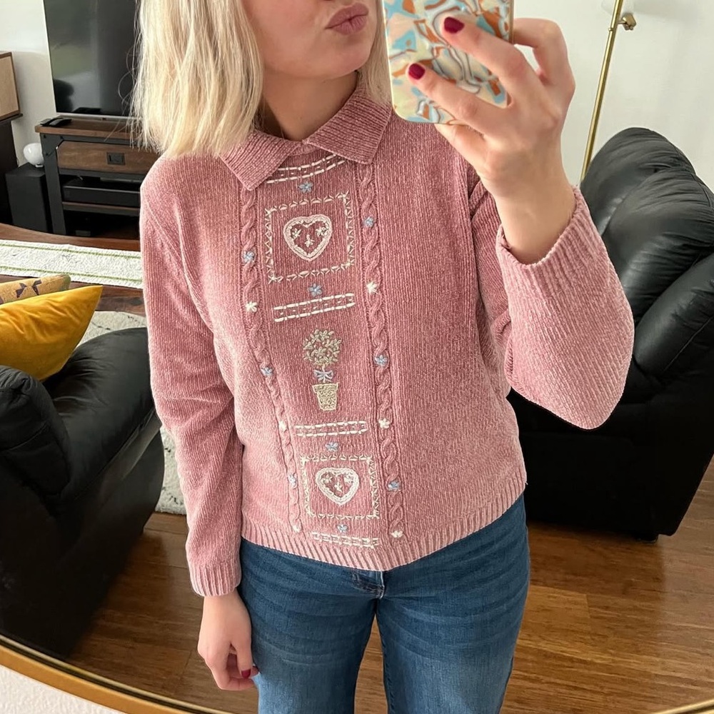 Vintage Alfred Dunner chenille heart embroidered sweater petite medium